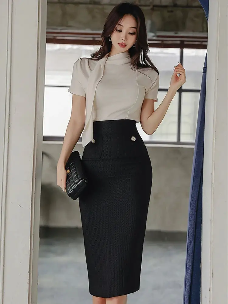 Beige Tie-Detail Blouse with Black Textured Pencil Skirt Beige Tie-Detail Blouse with Black Textured Pencil Skirt — Classy Professional Outfits