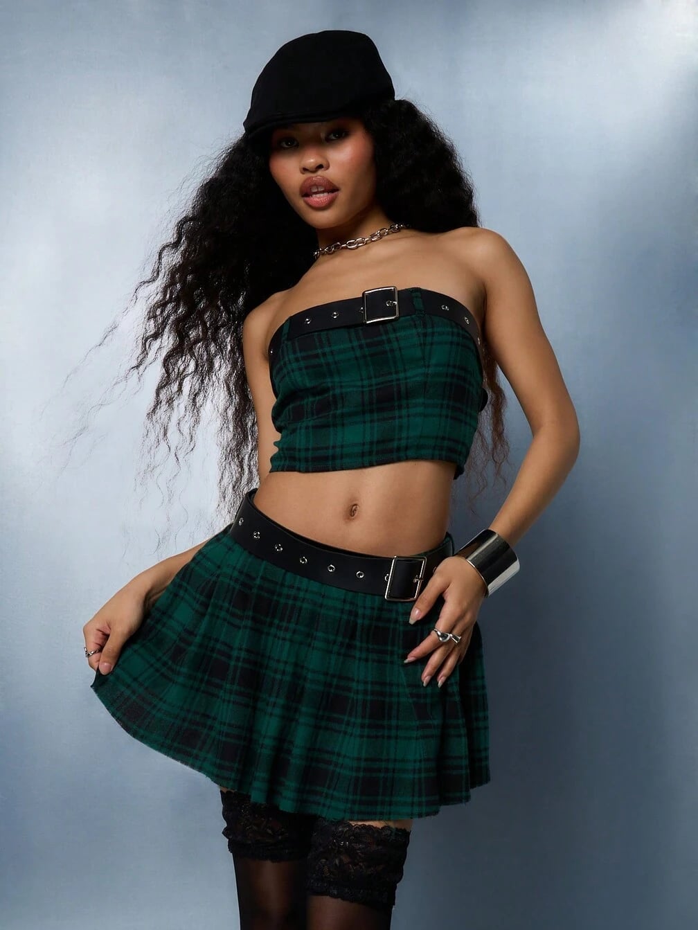 Plaid Tube Top and Skirt Set with Cap and Chain — Classy Punk Outfits