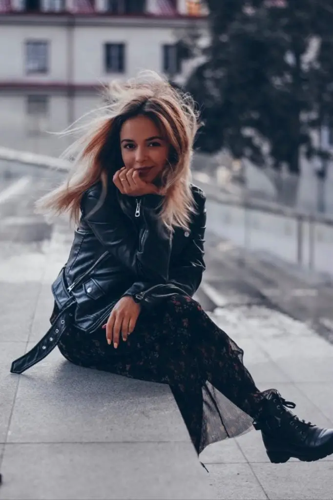 Leather Jacket Over Floral Dress with Lace-Up Boots — Classy Punk Outfits