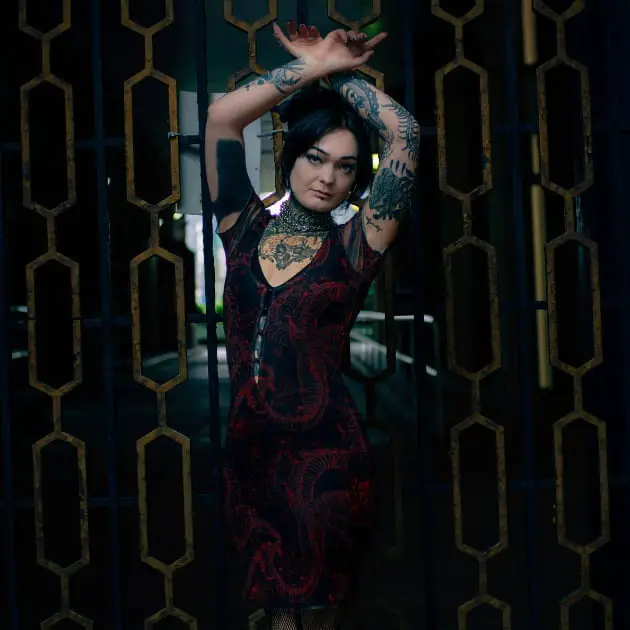 Dragon Print Dress Over Fishnet with Choker — Classy Punk Outfits