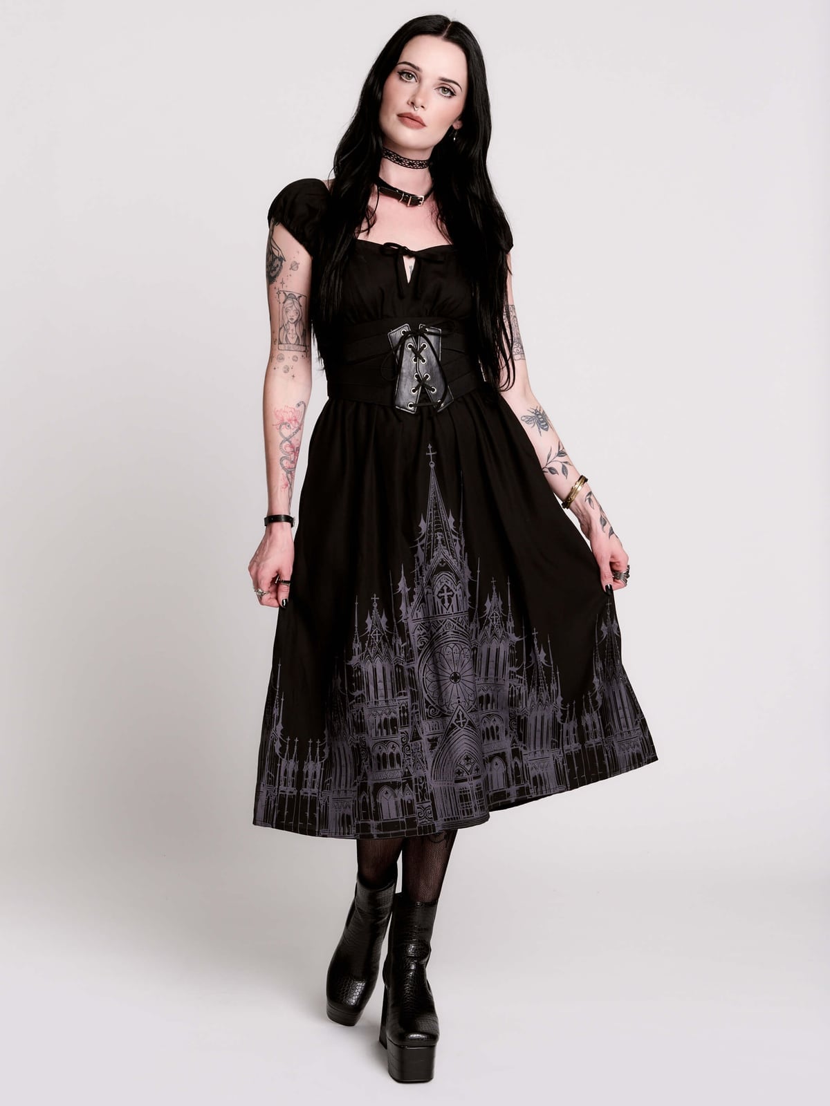 Fit and Flare Dress with Cathedral Print and Choker, Close-Up Take — Classy Punk Outfits