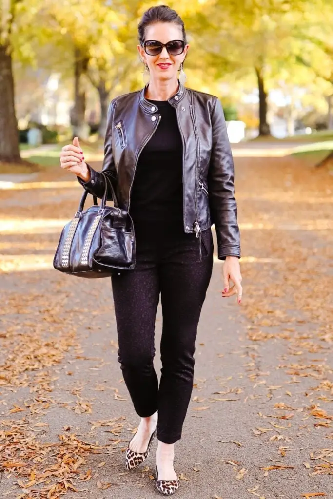 Moto Jacket with Textured Pants and Leopard Flats — Classy Punk Outfits