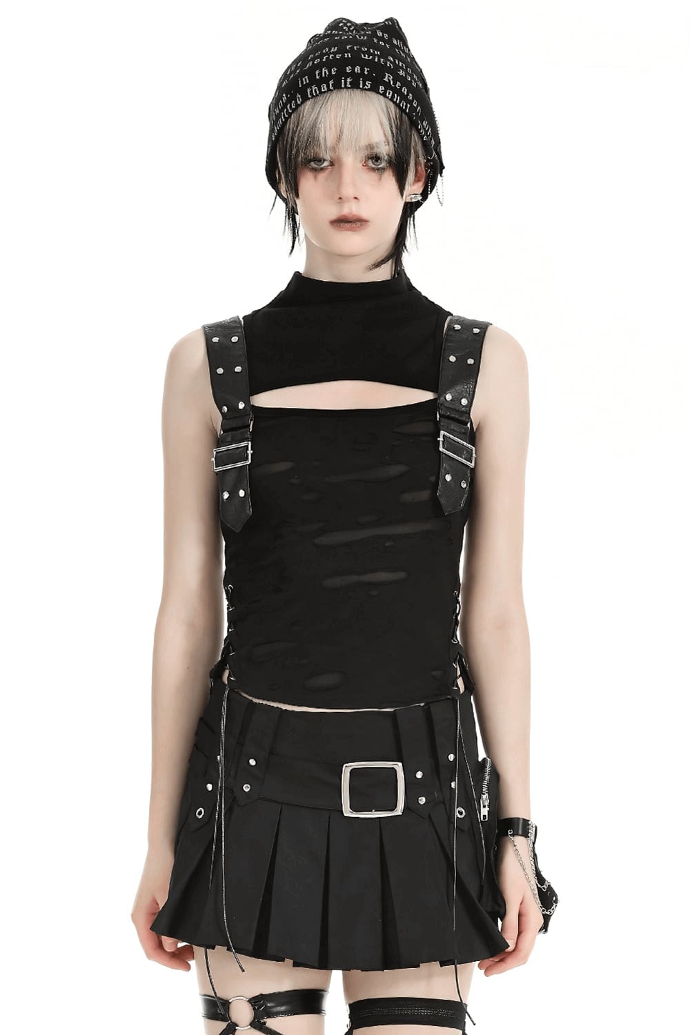 Distressed Top with Cutouts and Pleated Skirt — Classy Punk Outfits