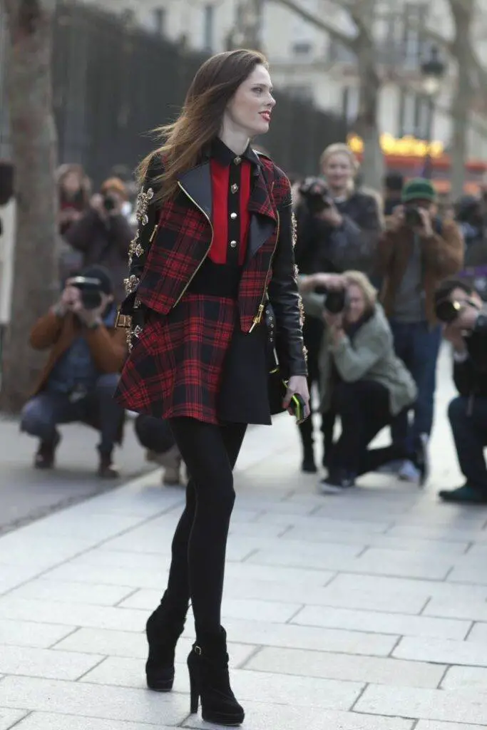 Plaid Accented Leather Jacket with Skirt and Platform Boots — Classy Punk Outfits