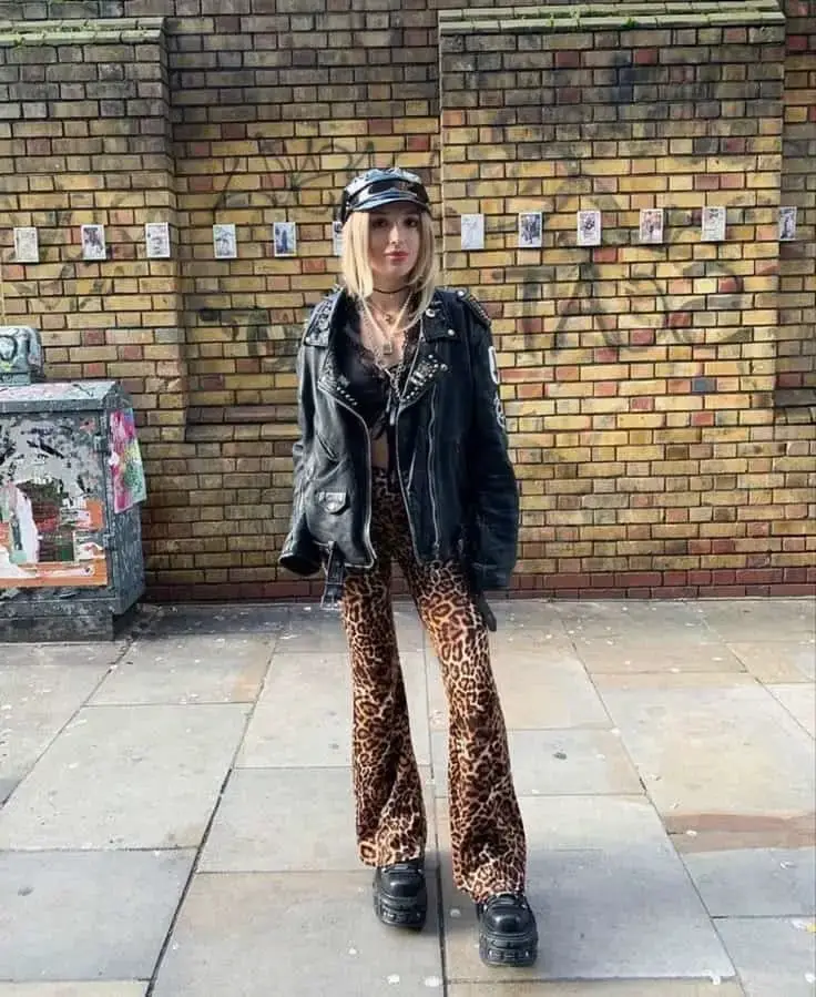Distressed Leather Jacket with Leopard Pants and Platform Boots — Classy Punk Outfits