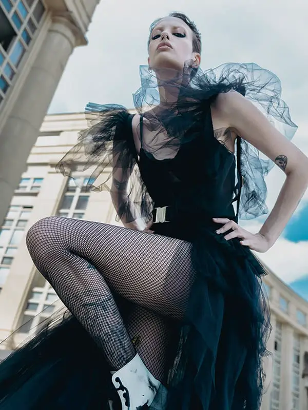 Tulle Overlay Dress with Fishnet Stockings and Chunky Shoes — Classy Punk Outfits