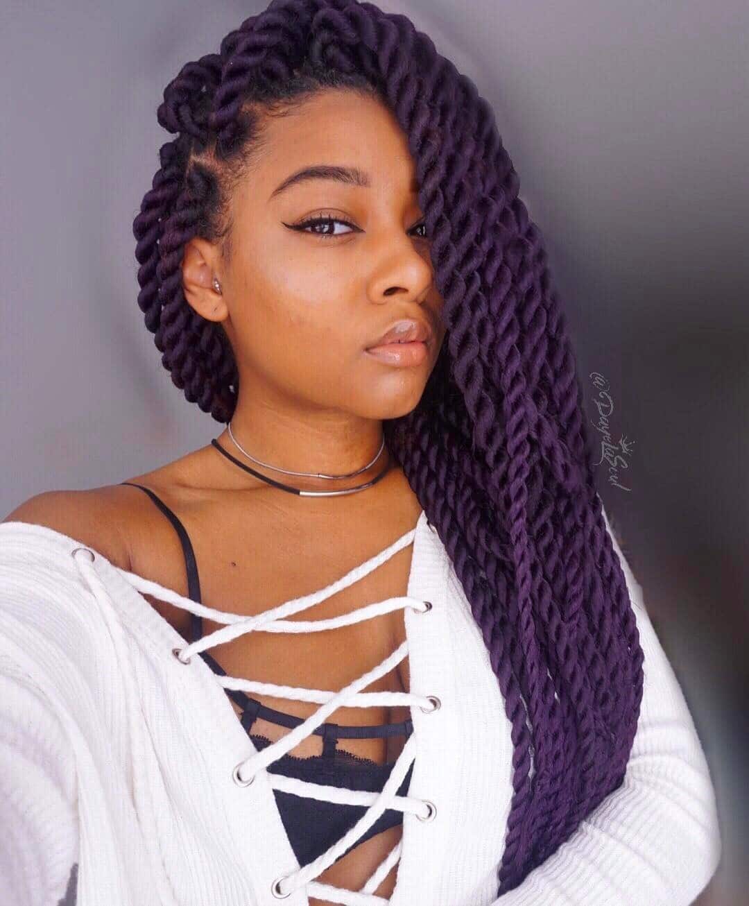 Deep Purple Twist Braids Styled to the Side Deep Purple Twist Braids Styled to the Side — Classy Purple Braids
