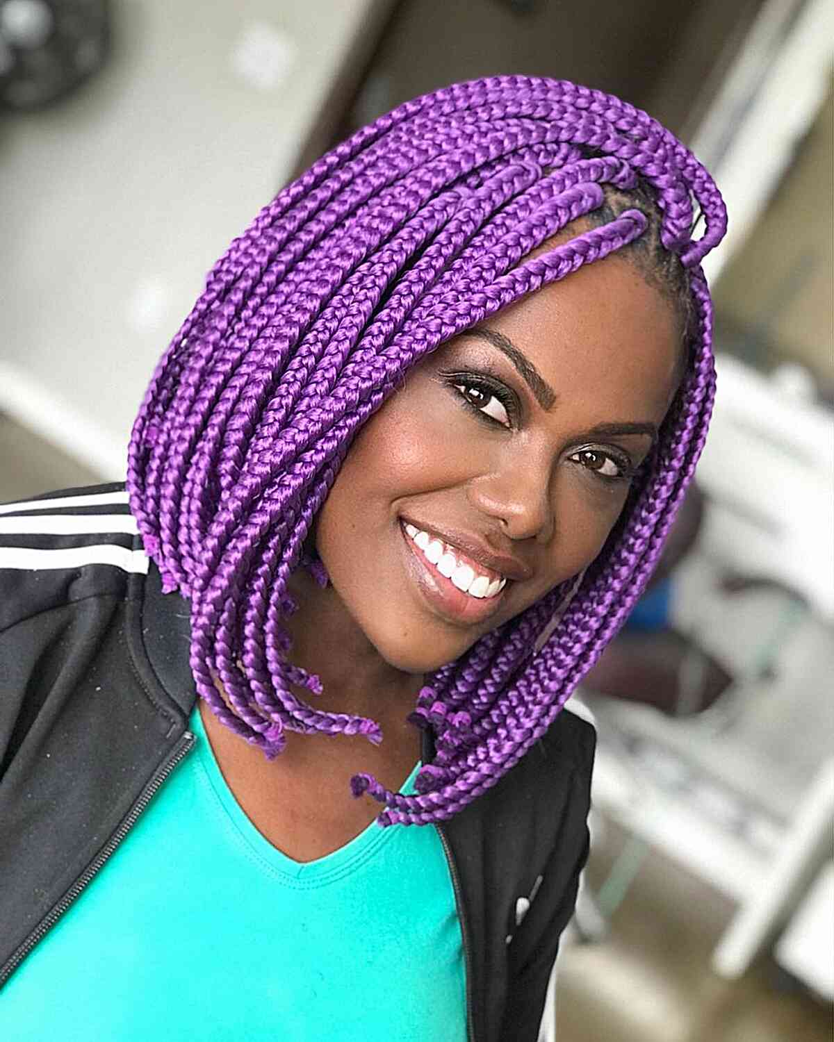 Short Vibrant Purple Box Braids Collarbone Length Short Vibrant Purple Box Braids Collarbone Length — Classy Purple Braids
