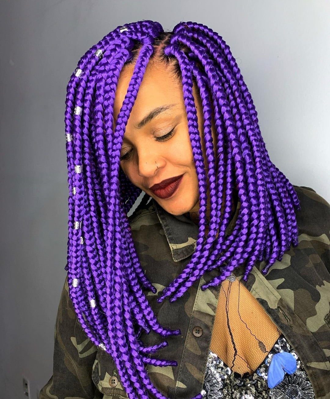 Shoulder Length Purple Box Braids with Beads Shoulder Length Purple Box Braids with Beads — Classy Purple Braids