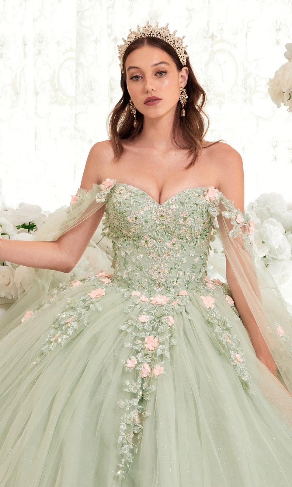 Pale Green Off Shoulder Ballgown With Floral, Office-Safe Version Pale Green Off Shoulder Ballgown With Floral, Office-Safe Version — Classy Quince Dress