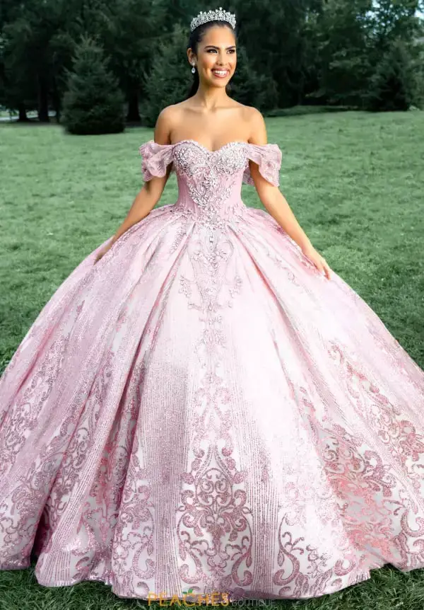 Light Pink Off Shoulder Ballgown With Glitter Light Pink Off Shoulder Ballgown With Glitter — Classy Quince Dress