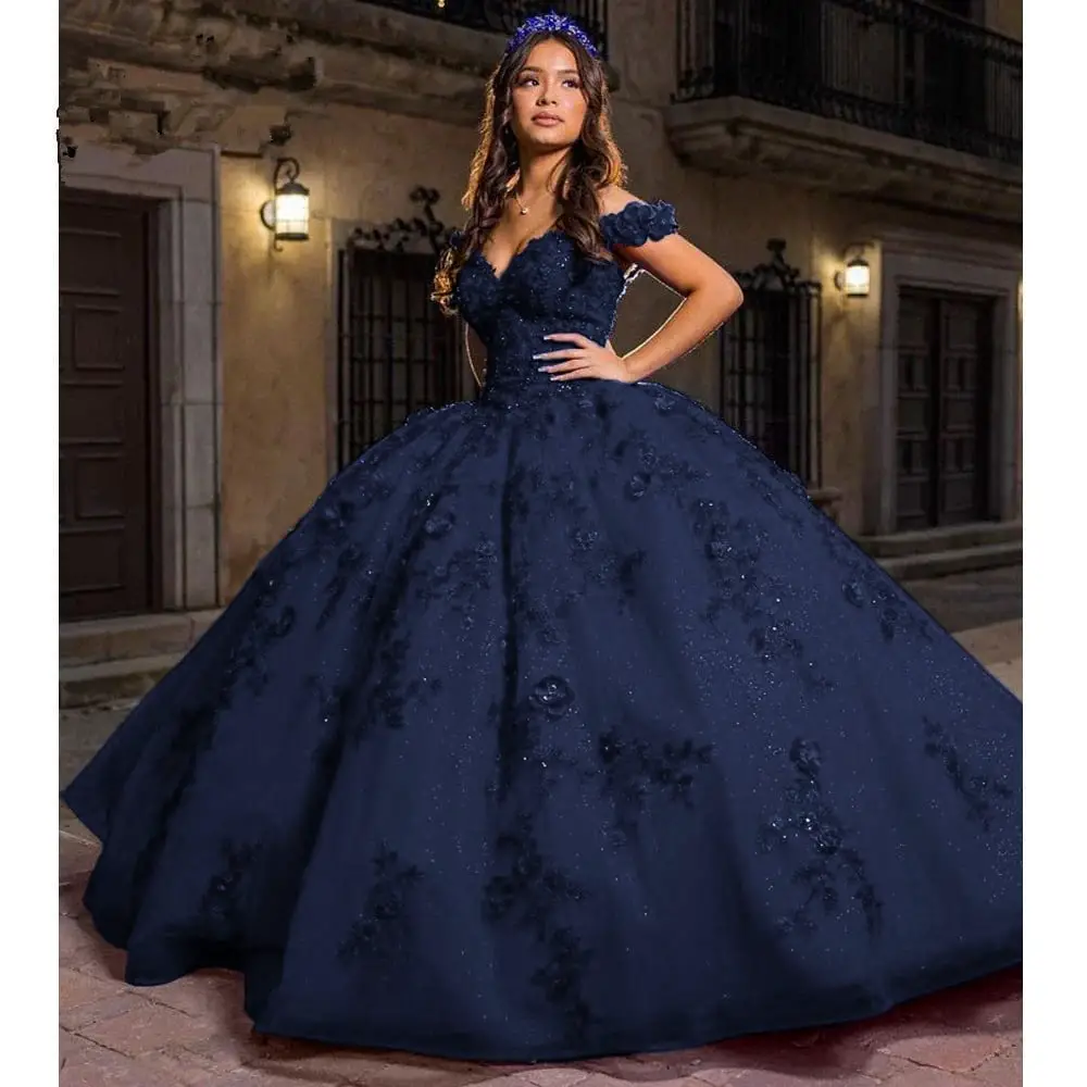 Prussian Blue Ballgown With Glitter And Lace Prussian Blue Ballgown With Glitter And Lace — Classy Quince Dress