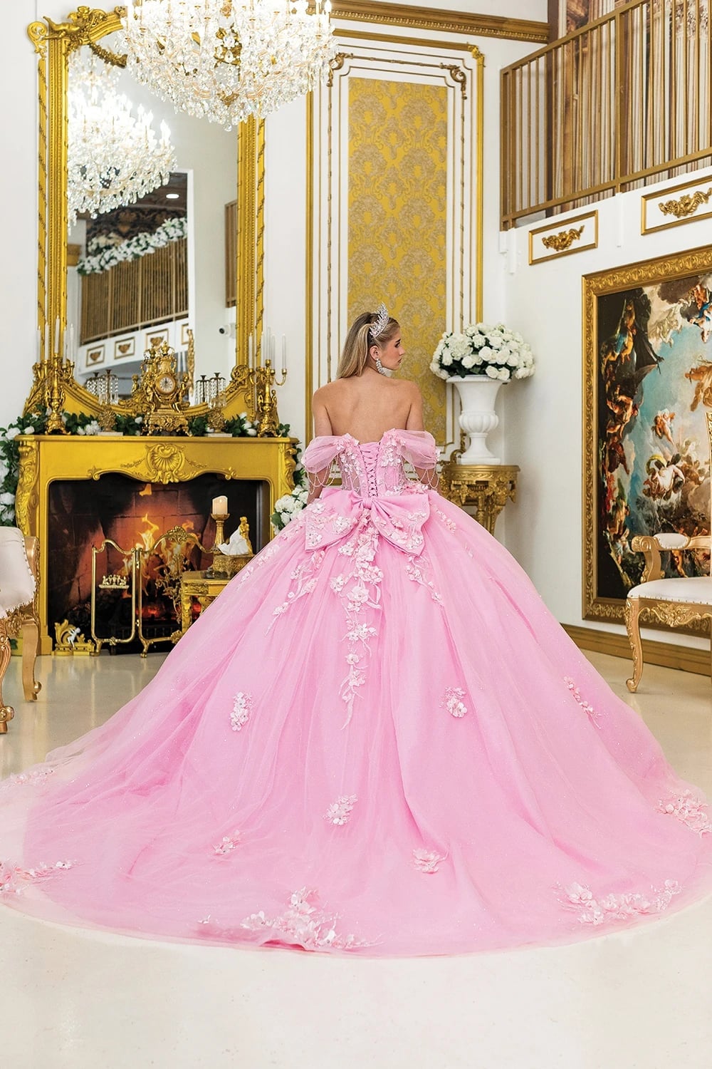 Pink Ballgown With Puffy Sleeves And 3D Floral Appliques and Ball Gown Pink Ballgown With Puffy Sleeves And 3D Floral Appliques and Ball Gown — Classy Quince Dress
