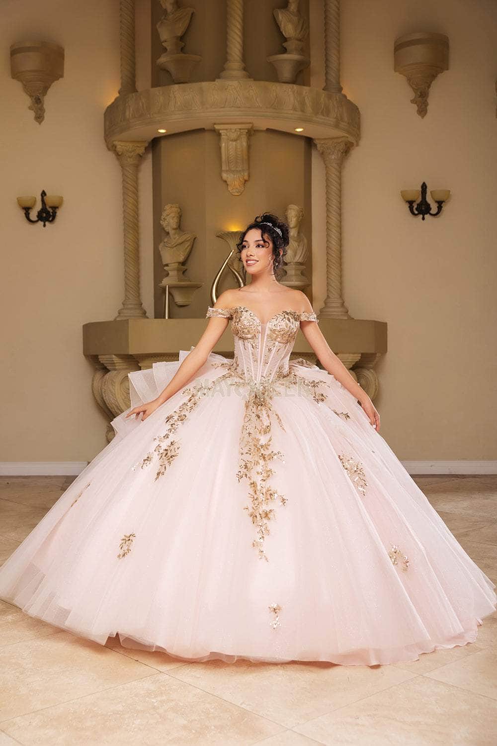 Pale Pink Ballgown With Gold Floral Appliques Pale Pink Ballgown With Gold Floral Appliques — Classy Quince Dress