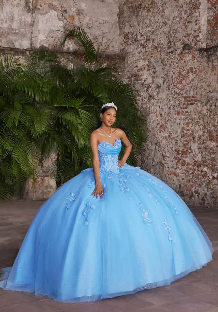 Light Blue Strapless Ballgown With Floral Applique Light Blue Strapless Ballgown With Floral Applique — Classy Quince Dress
