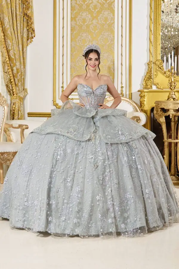 Silver Strapless Ballgown With Embroidery and She Wears A Tiara Silver Strapless Ballgown With Embroidery and She Wears A Tiara — Classy Quince Dress