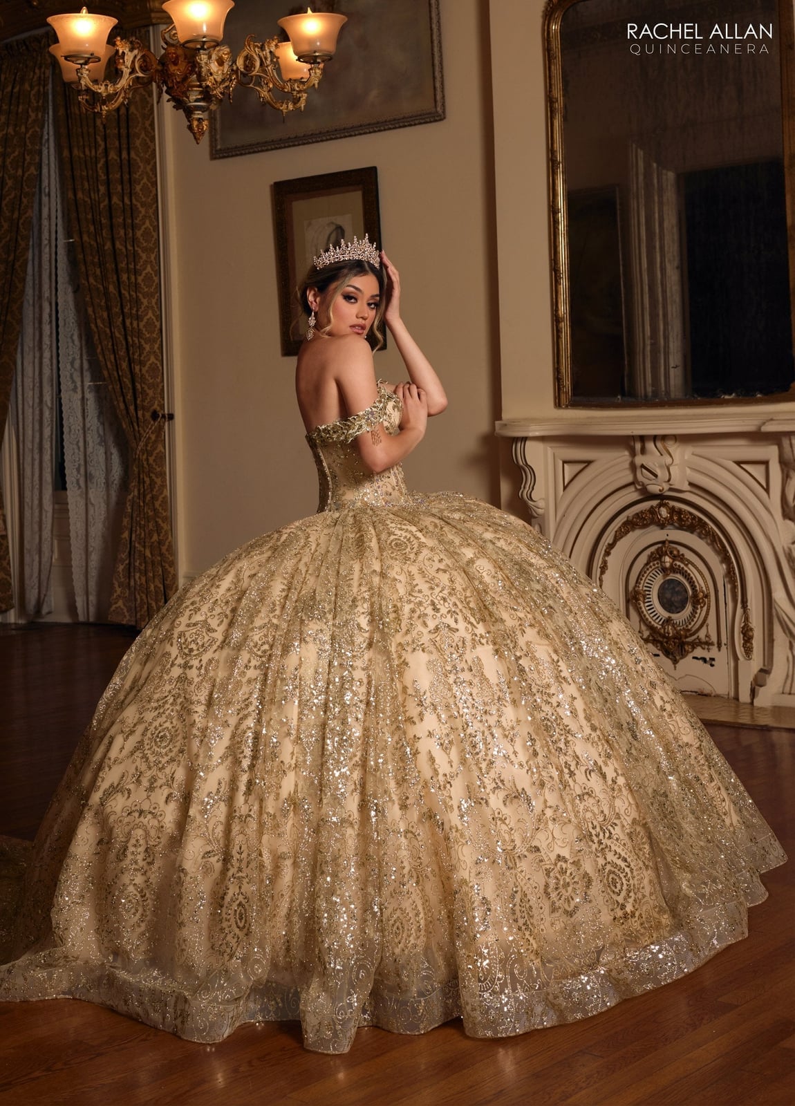 Gold Ballgown With Beaded Straps And Sequins, Close-Up Take Gold Ballgown With Beaded Straps And Sequins, Close-Up Take — Classy Quince Dress