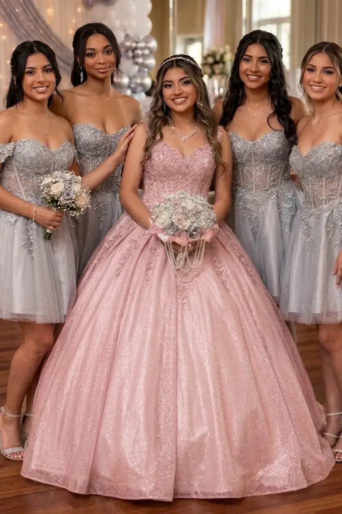 Sparkling Pink Off Shoulder Ballgown With Lace, Close-Up Take Sparkling Pink Off Shoulder Ballgown With Lace, Close-Up Take — Classy Quince Dress
