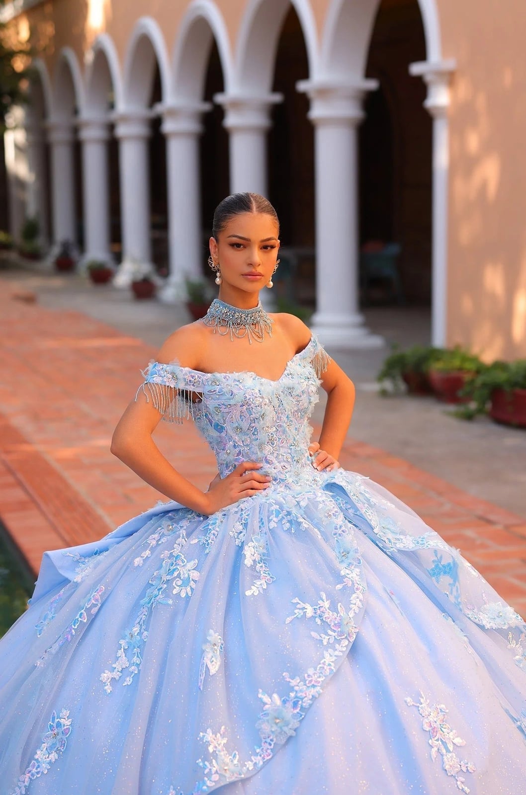 Light Blue Off Shoulder Ballgown With Beaded, Office-Safe Version Light Blue Off Shoulder Ballgown With Beaded, Office-Safe Version — Classy Quince Dress