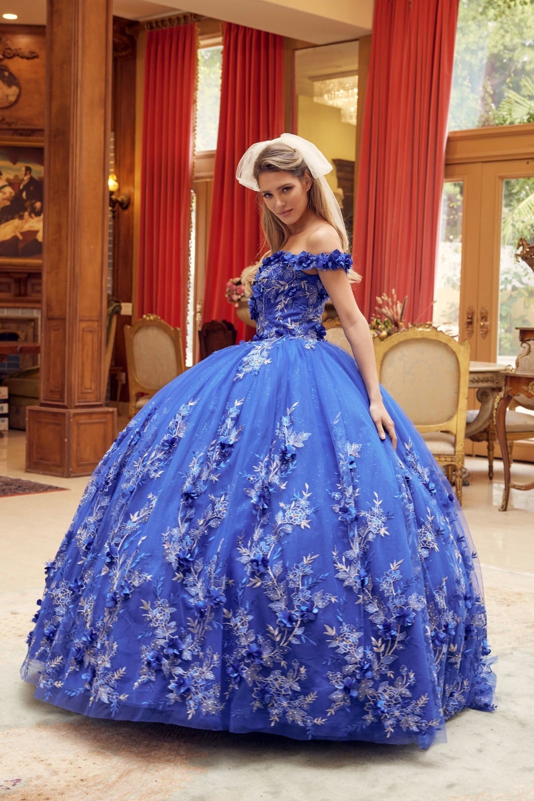 Royal Blue Off Shoulder Ballgown With 3D Florals Royal Blue Off Shoulder Ballgown With 3D Florals — Classy Quince Dress