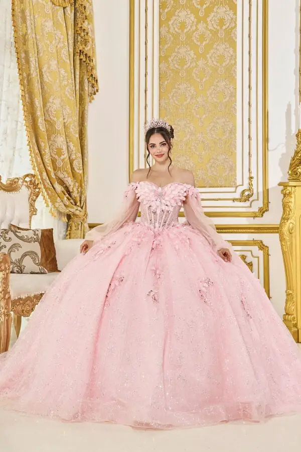 Pink Off Shoulder Ballgown With 3D Floral Appliques Pink Off Shoulder Ballgown With 3D Floral Appliques — Classy Quince Dress
