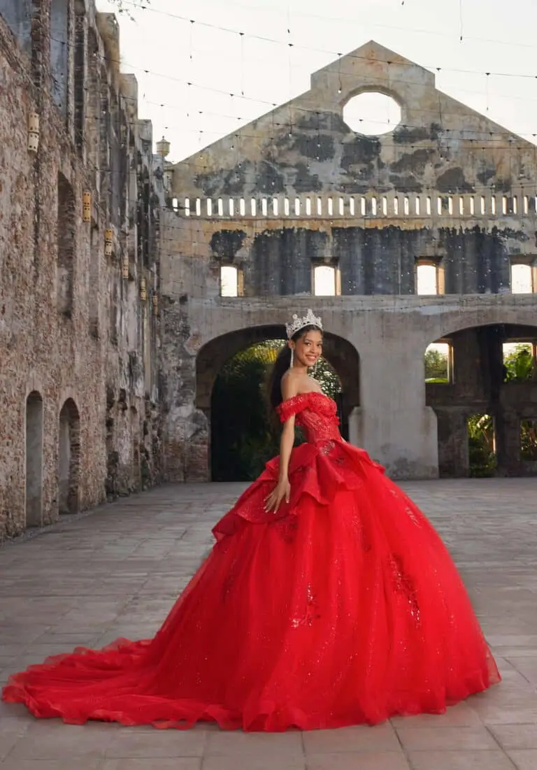 Vibrant Red Off Shoulder Ballgown With Ruffled Skirt Vibrant Red Off Shoulder Ballgown With Ruffled Skirt — Classy Quince Dress