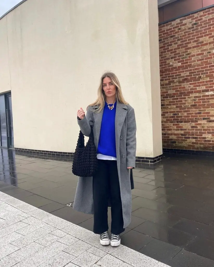 Gray Long Coat With Blue Sweater And Black Trousers Gray Long Coat With Blue Sweater And Black Trousers — Classy Rainy Day Outfits
