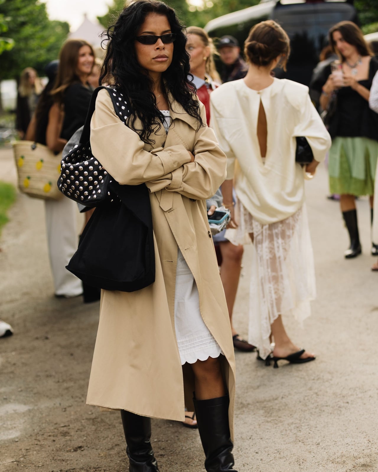 Beige Trench Coat With Scalloped Mini Dress And Knee-High Boots Beige Trench Coat With Scalloped Mini Dress And Knee-High Boots — Classy Rainy Day Outfits