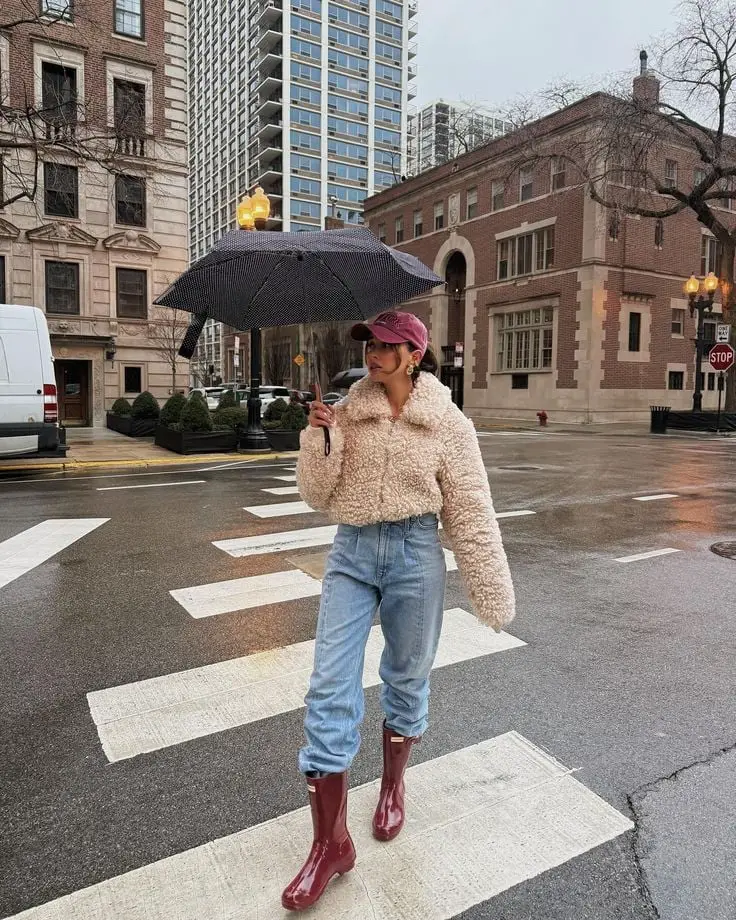 Cream Teddy Jacket With Light Wash Jeans And Rain Boots Cream Teddy Jacket With Light Wash Jeans And Rain Boots — Classy Rainy Day Outfits