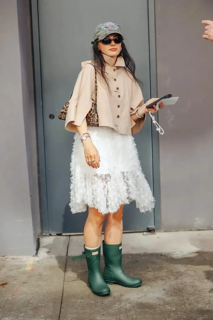 Beige Cropped Jacket With Textured Dress And Wellington Boots Beige Cropped Jacket With Textured Dress And Wellington Boots — Classy Rainy Day Outfits