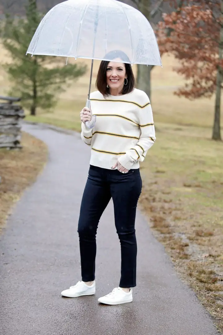 Striped Sweater With Slim Jeans And Clear Umbrella Striped Sweater With Slim Jeans And Clear Umbrella — Classy Rainy Day Outfits