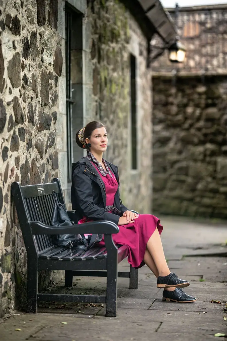 Pink A-line Dress With Black Jacket And Plaid Scarf Pink A-line Dress With Black Jacket And Plaid Scarf — Classy Rainy Day Outfits