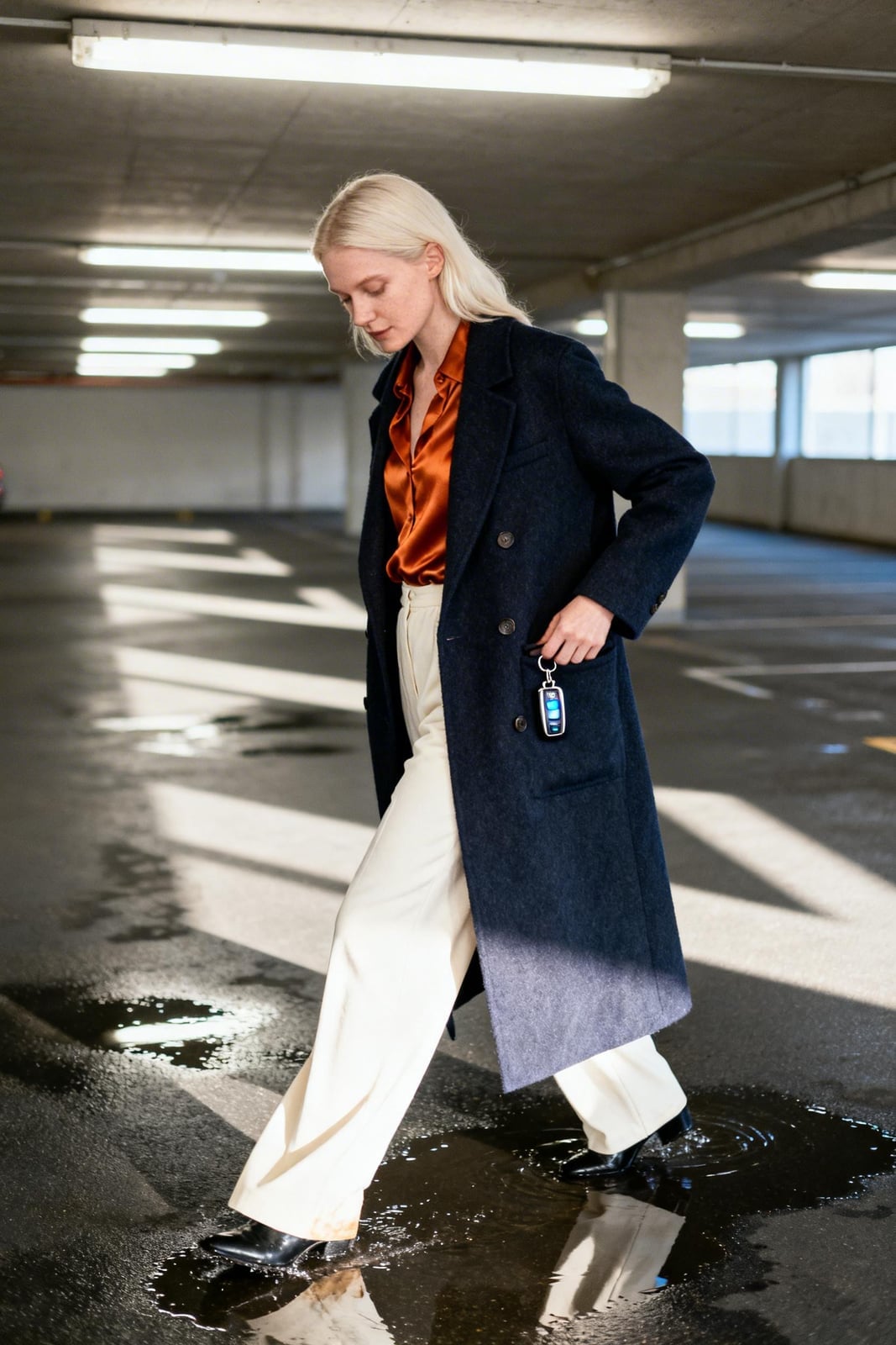 Navy Wool Coat Over Orange Satin Blouse And Cream Trousers Navy Wool Coat Over Orange Satin Blouse And Cream Trousers — Classy Rainy Day Outfits