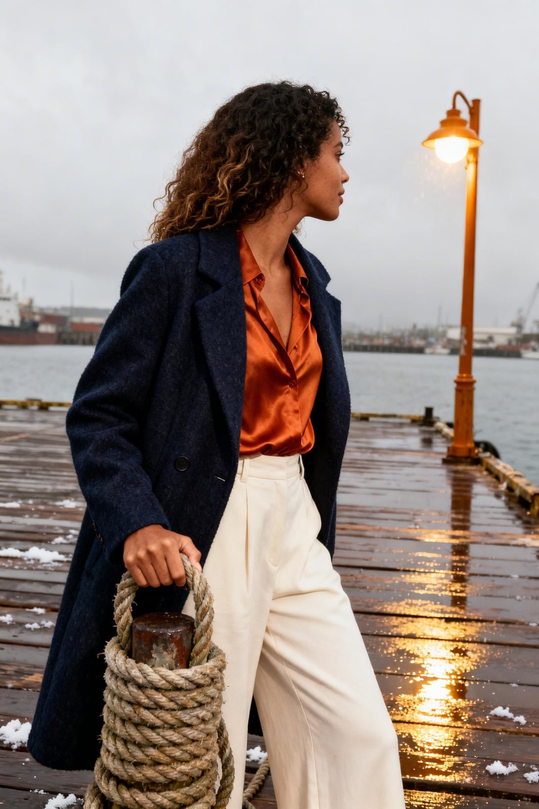 Navy Textured Coat With Burnt Orange Silk Blouse And Cream Trousers Navy Textured Coat With Burnt Orange Silk Blouse And Cream Trousers — Classy Rainy Day Outfits