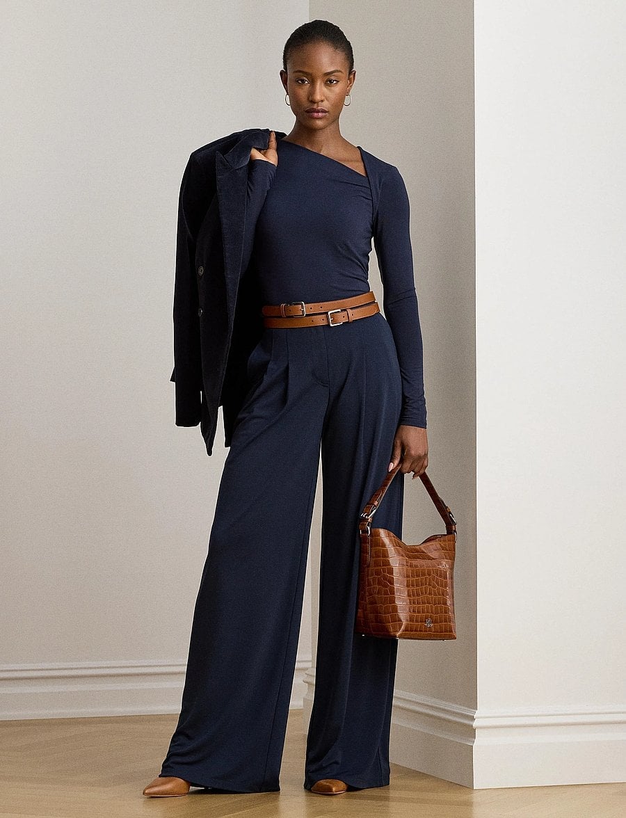Navy Wide Leg Trousers With Asymmetrical Top Navy Wide Leg Trousers With Asymmetrical Top — Classy Ralph Lauren Outfits