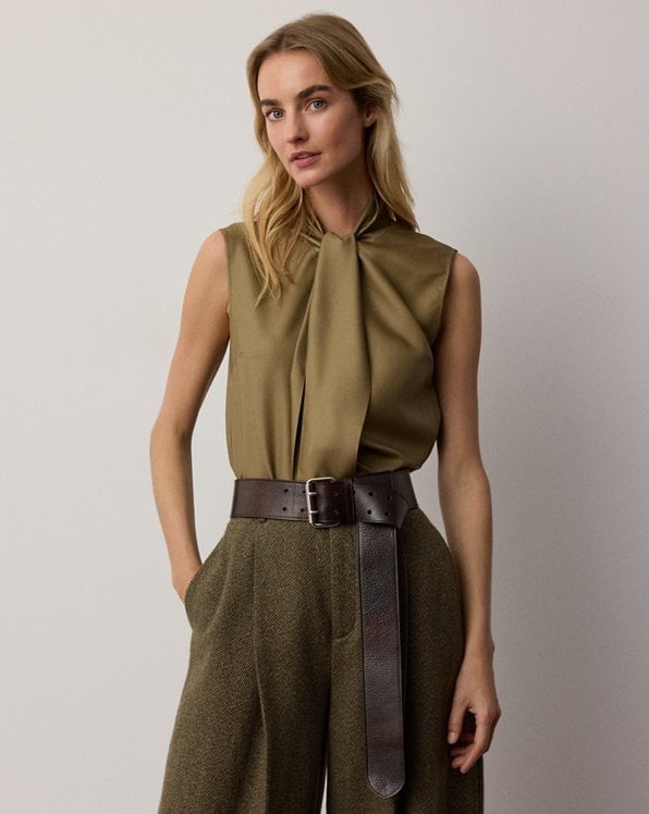 Olive Tie-Neck Blouse With Beige Trousers Olive Tie-Neck Blouse With Beige Trousers — Classy Ralph Lauren Outfits