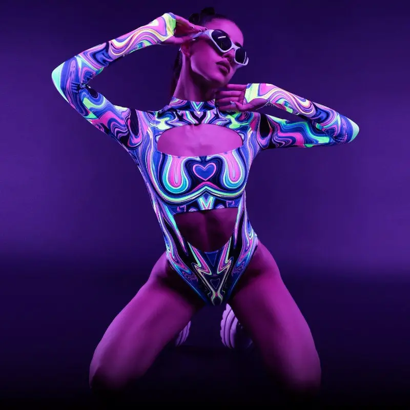 Neon Abstract Bodysuit with Cut-Outs and Arm, Office-Safe Version Neon Abstract Bodysuit with Cut-Outs and Arm, Office-Safe Version — Classy Rave Outfits