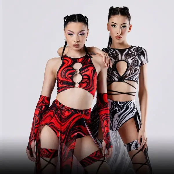Matching Marble Print Halter Tops and Skirts With Black Platform Boots Matching Marble Print Halter Tops and Skirts With Black Platform Boots — Classy Rave Outfits