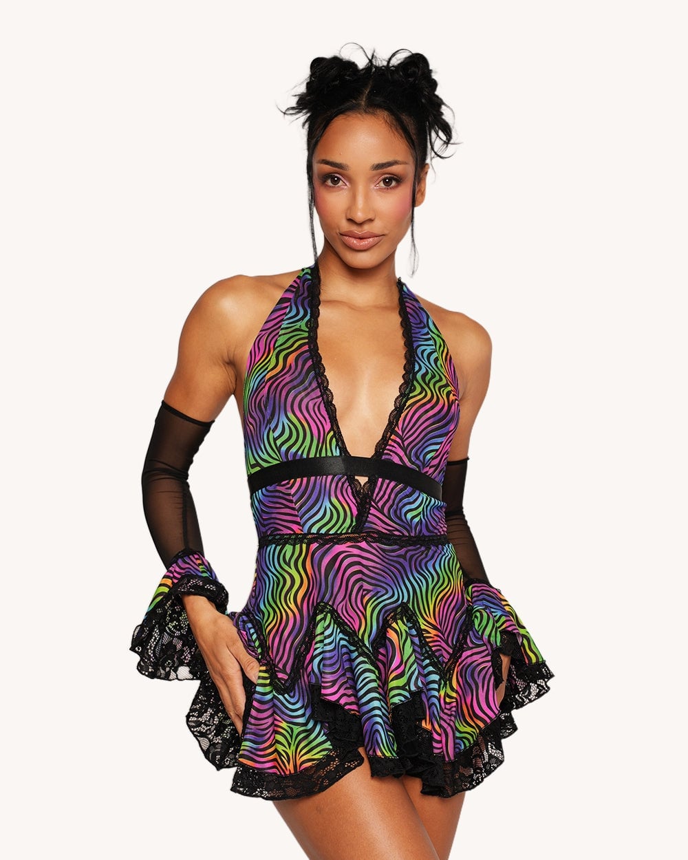 Rainbow Print Halter Dress with Mesh Arm Warmers Rainbow Print Halter Dress with Mesh Arm Warmers — Classy Rave Outfits