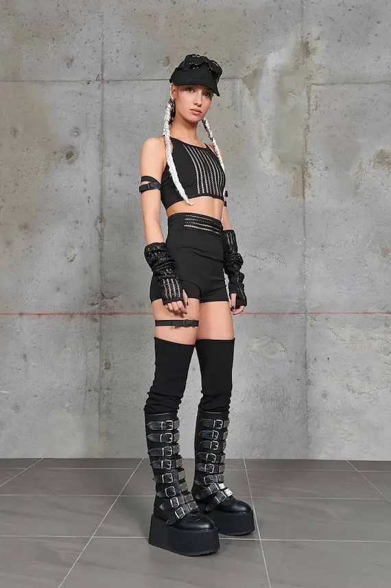 Crop Top, Shorts, and Thigh-High Socks with Buckle Boots Crop Top, Shorts, and Thigh-High Socks with Buckle Boots — Classy Rave Outfits
