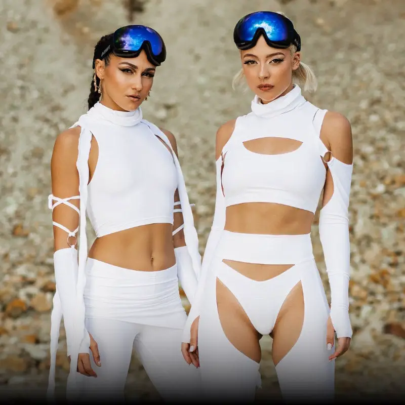 White Crop Tops with Cut-Out Leggings and Arm Sleeves White Crop Tops with Cut-Out Leggings and Arm Sleeves — Classy Rave Outfits