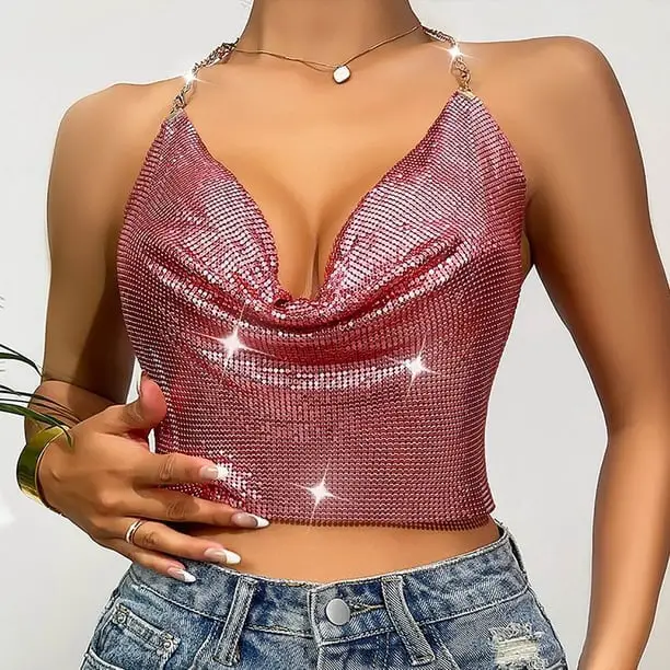 Metallic Halter Top with Draped Neckline and Jeans Metallic Halter Top with Draped Neckline and Jeans — Classy Rave Outfits