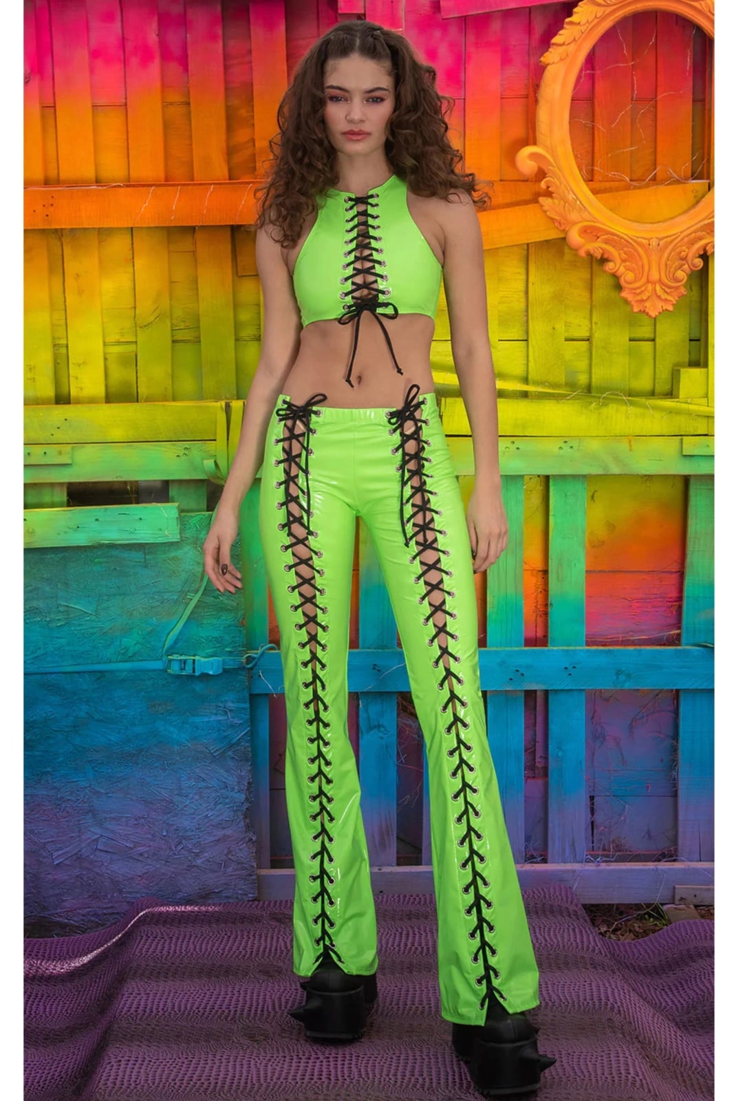 Neon Halter Top and Flared Pants with Lace-Up Detail Neon Halter Top and Flared Pants with Lace-Up Detail — Classy Rave Outfits