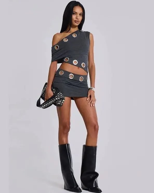 Asymmetrical One-Shoulder Top and Mini Skirt Set With Black Tall Boots Asymmetrical One-Shoulder Top and Mini Skirt Set With Black Tall Boots — Classy Rave Outfits