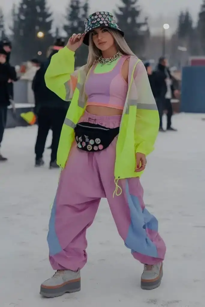 Neon Windbreaker Over Cargo Pants Rave Look, Close-Up Take Neon Windbreaker Over Cargo Pants Rave Look, Close-Up Take — Classy Rave Outfits