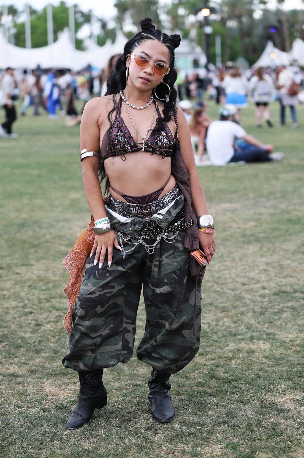 Camouflage Cargo Pants with Bikini Top and Chains Camouflage Cargo Pants with Bikini Top and Chains — Classy Rave Outfits