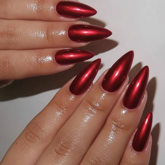Metallic Red Chrome Long Almond Nails Metallic Red Chrome Long Almond Nails — Classy Red Almond Nails