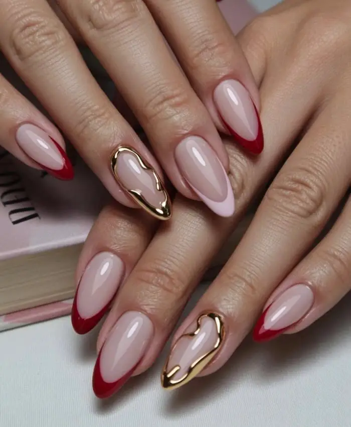 Nude Red French Almond with Gold Shapes Nude Red French Almond with Gold Shapes — Classy Red Almond Nails