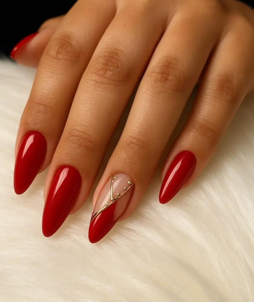 Vibrant Red Gold Line Geometric Almond Vibrant Red Gold Line Geometric Almond — Classy Red Almond Nails