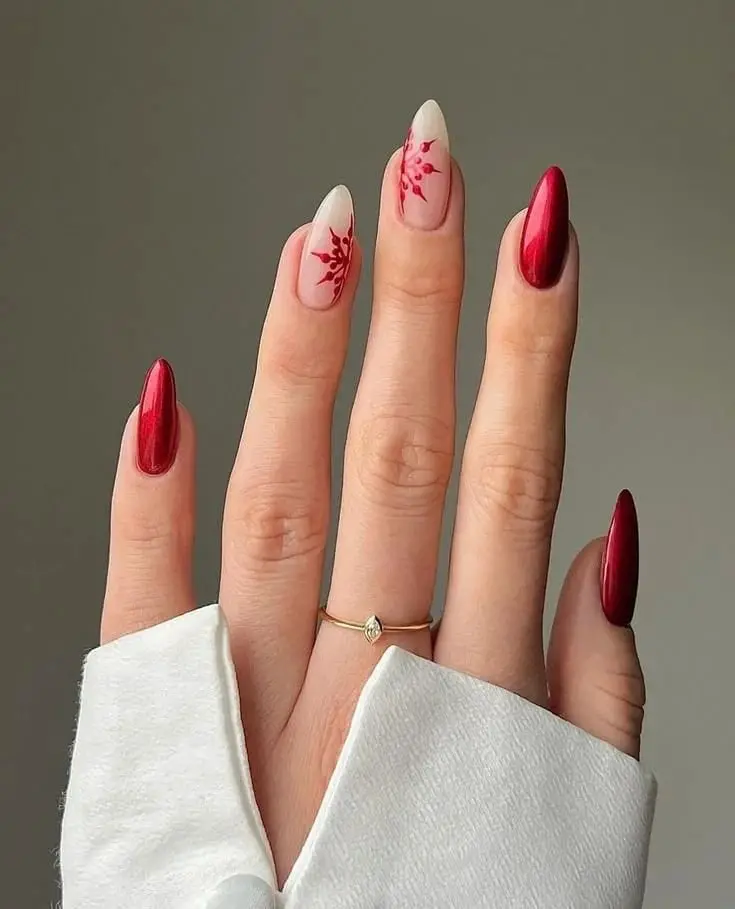 Red Snowflake Pattern on Nude Almond Red Snowflake Pattern on Nude Almond — Classy Red Almond Nails